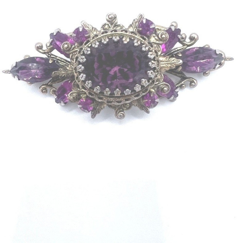 Vintage Rhinestone brooch Pink Purple Filigree Dog Tooth Settings